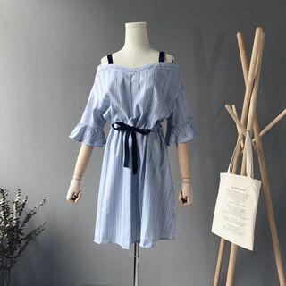 Striped Cold Shoulder Elbow-sleeve A-line Dress