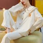 Loungewear Set : Peter Pan Collar Long-sleeve Print Top + Pants