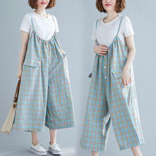 Spaghetti Strap Plaid Jumper Pants Blue - One Size