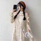 Set: Feather Embroidered Cheongsam Mesh Dress + Slipdress Light Almond - One Size