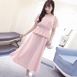 Set: Peplum Short Sleeve Top + Plain Midi Skirt