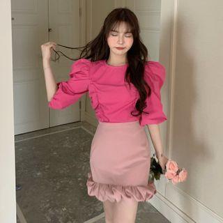 Plain Puff-sleeve Top / Ruffle Slim-fit Skirt