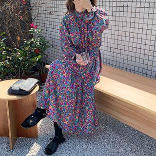 Puff-sleeve Floral Print Midi A-line Dress Floral Print - Blue & Red & Orange - One Size