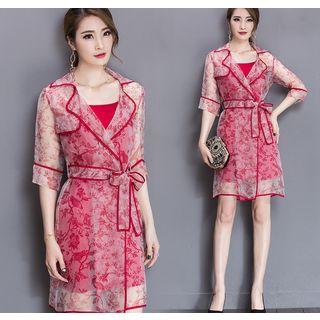 Set: Floral Print Notched Lapel A-line Dress + Slipdress