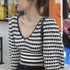 Striped V-neck Lantern-sleeve Sweater Stripe - One Size