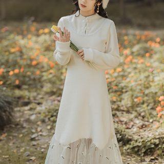 Long-sleeve Knit Floral Mesh Midi A-line Dress