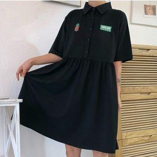 Pineapple Short-sleeve Midi Shift Dress Black - One Size