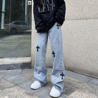 Crisscross Embroidered Wide Leg Jeans