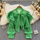 Bow Collar Ruffle Sheer Long-sleeve Shirt