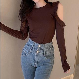 Long-sleeve Cutout Ruffled Plain Top