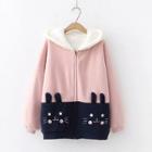 Color-block Rabbit Embroidered Hooded Jacket