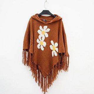 Hooded Flower Fringe Knit Cape