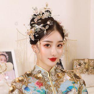 Set: Wedding Branches Hair Comb + Hair Clip + Fringed Earring Set - Gold - One Size
