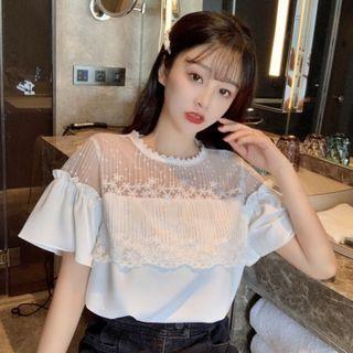 Short-sleeve Lace Panel Chiffon Blouse White - One Size