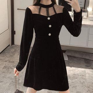 Mesh Panel Long-sleeve A-line Mini Velvet Dress