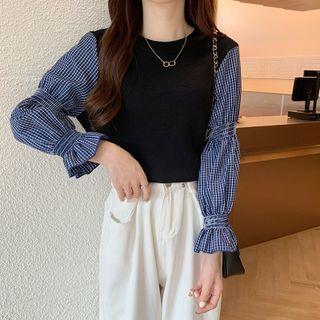 Lantern-sleeve Check Knit Top Black & Blue - One Size