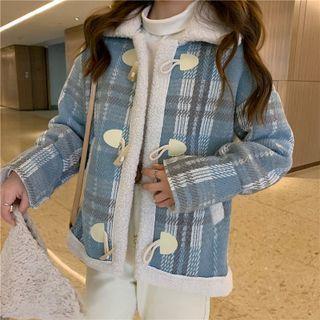 Fleece Panel Plaid Jacket Plaid - Sky Blue - One Size