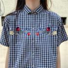Plaid Embroidered Short-sleeve Top As Shown In Figure - One Size