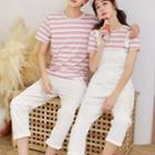 Couple Matching Striped Short-sleeve T-shirt / Distressed Jumper Pants / Straight-cut Pants