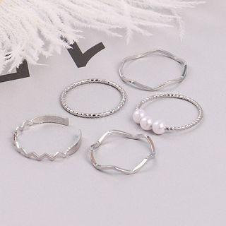 Set Of 5: Faux Pearl / Wavy / Alloy Ring (various Designs) Set Of 5 - Silver - One Size