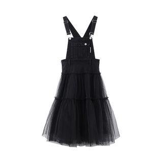 Mesh Panel Denim Midi A-line Overall Dress