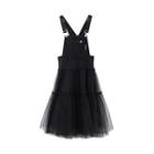 Mesh Panel Denim Midi A-line Overall Dress