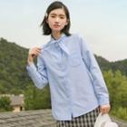 Long-sleeve Tie-neck Plain Blouse Light Blue - One Size