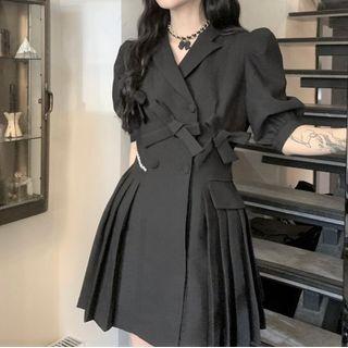 Short-sleeve Double-breasted Blazer Dress Black - One Size