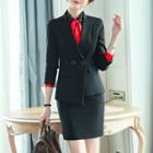 Set: Slim-fit Dress Pants + Mini Pencil Skirt + Dotted Shirt + Buttoned Blazer