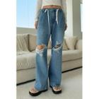 Drawstring Frayed Wide-leg Jeans Light Blue - One Size