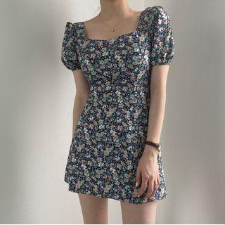 Puff-sleeve Square Neck Floral Chiffon Dress