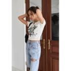 Notch-neck Printed Crop T-shirt