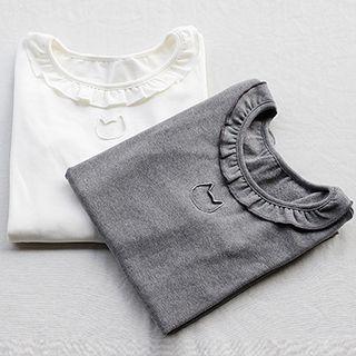 Embroidered Frill Collar Long Sleeve T-shirt