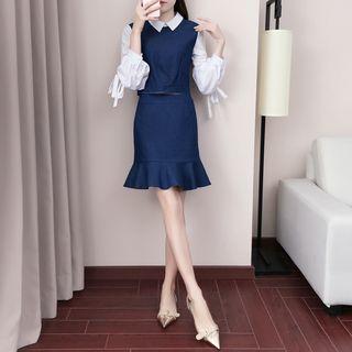 Set: Mock Two-piece Long-sleeve Top + A-line Skirt