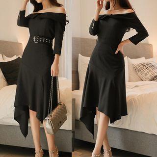 Off-shoulder Hanky-hem Midi Dress