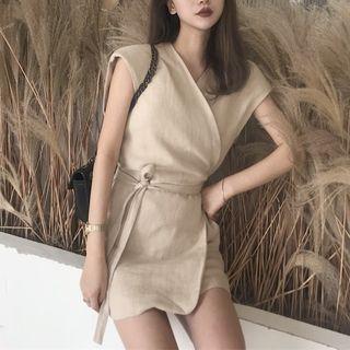 V-neck Cap-sleeve Mini Dress As Shown In Figure - One Size