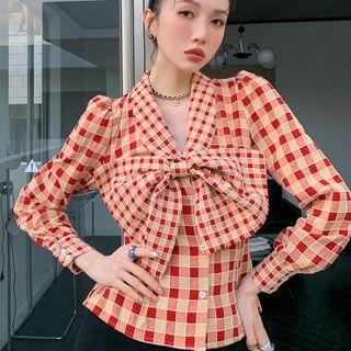 Long-sleeve Bow Check Blouse