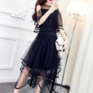 Set: Cold-shoulder Mesh Top + A-line Mesh Skirt