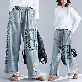 Embroidered Denim Wide-leg Pants