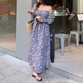 Long-sleeve Off-shoulder Floral Print Maxi A-line Dress
