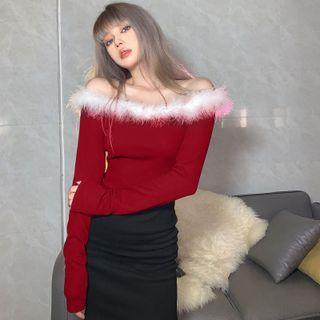 Long-sleeve Off-shoulder Fluffy Trim T-shirt