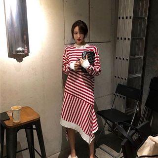 Irregular Hem Striped Long-sleeve Midi Dress