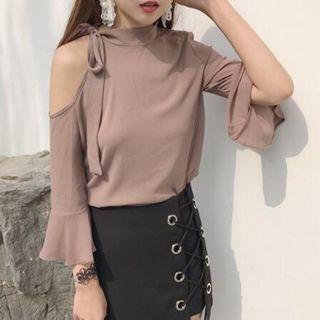 Cutout Shoulder Elbow-sleeve Chiffon Top