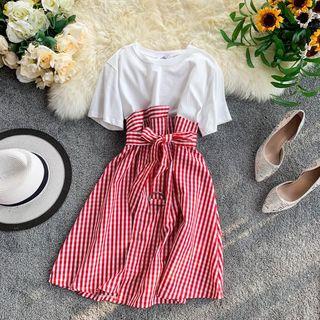 Elbow-sleeve Gingham Paneled Asymmetric A-line Dress