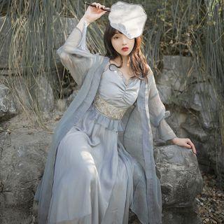 Set: Long Light Jacket + Embroidered Spaghetti Strap Maxi A-line Dress