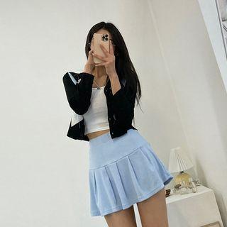 Inset Short Pleated Ribbed Miniskirt