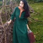 Split-neck 3/4-sleeve A-line Maxi Corduroy Dress