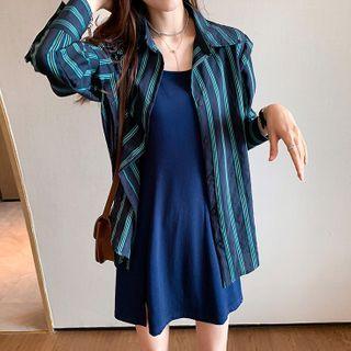 Striped Shirt / Spaghetti Strap Mini A-line Dress