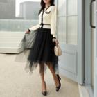 Set: Contrast-trim Cardigan + Midi Mesh Skirt
