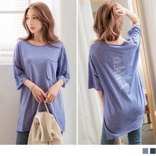 Lettering Back Slit-side Elbow-sleeve Long Top